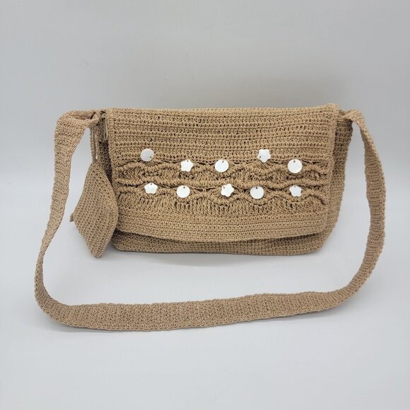 Tan Handbag with Applique Crochet Shoulder Bag Matching Attached Coin Purse - Picture 1 of 12